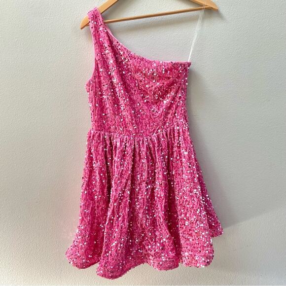 Faeriesty One Shoulder Sleeveless Pink Sequin Cocktail Dress, Women's Medium - Picture 6 of 13